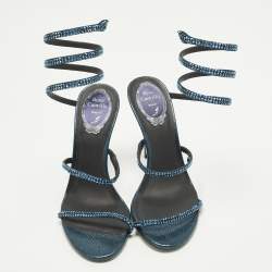 Pre Owned René Caovilla Cleo Size 37.5 Metallic Blue Satin Ankle Wrap Sandals