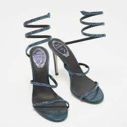 Pre Owned René Caovilla Cleo Size 37.5 Metallic Blue Satin Ankle Wrap Sandals