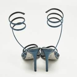 Pre Owned René Caovilla Cleo Size 37.5 Metallic Blue Satin Ankle Wrap Sandals