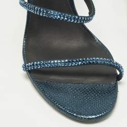 Pre Owned René Caovilla Cleo Size 37.5 Metallic Blue Satin Ankle Wrap Sandals