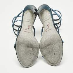 Pre Owned René Caovilla Cleo Size 37.5 Metallic Blue Satin Ankle Wrap Sandals