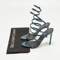 Pre Owned René Caovilla Cleo Size 37.5 Metallic Blue Satin Ankle Wrap Sandals