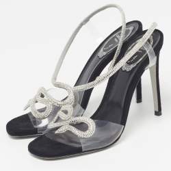 Pre Owned René Caovilla Cleo Size 38 Black/Transparent PVC and Suede Slingback Sandals