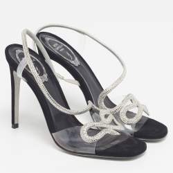 Pre Owned René Caovilla Cleo Size 38 Black/Transparent PVC and Suede Slingback Sandals