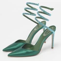 Pre Owned René Caovilla Cleo Size 37.5 Green Satin Ankle Strap Sandals