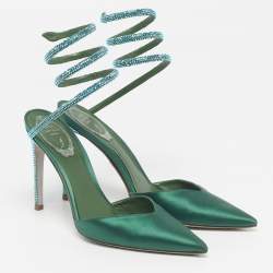 Pre Owned René Caovilla Cleo Size 37.5 Green Satin Ankle Strap Sandals