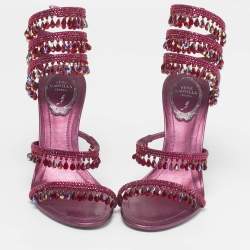 Pre Owned René Caovilla Cleo Size 37.5 Purple Leather and Satin Ankle Strap Sandals