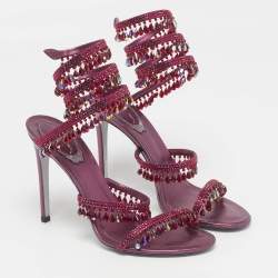 Pre Owned René Caovilla Cleo Size 37.5 Purple Leather and Satin Ankle Strap Sandals