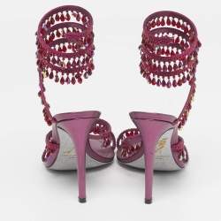 Pre Owned René Caovilla Cleo Size 37.5 Purple Leather and Satin Ankle Strap Sandals