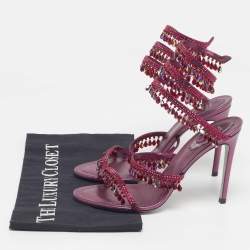 Pre Owned René Caovilla Cleo Size 37.5 Purple Leather and Satin Ankle Strap Sandals