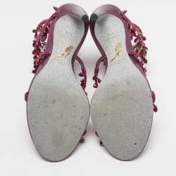 Pre Owned René Caovilla Cleo Size 37.5 Purple Leather and Satin Ankle Strap Sandals