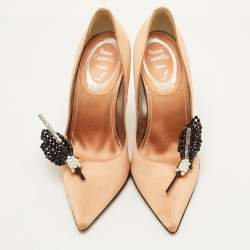 Pre Owned René Caovilla Size 36.5 Beige Satin Embellished Pointed Toe Pumps