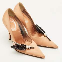 Pre Owned René Caovilla Size 36.5 Beige Satin Embellished Pointed Toe Pumps