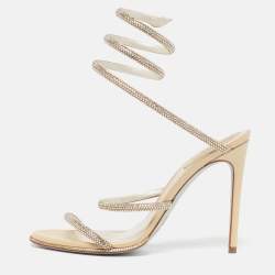 Pre Owned René Caovilla Cleo Size 38 Beige Satin Crystal Embellished Ankle Wrap Sandals