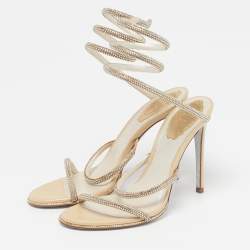Pre Owned René Caovilla Cleo Size 38 Beige Satin Crystal Embellished Ankle Wrap Sandals