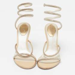 Pre Owned René Caovilla Cleo Size 38 Beige Satin Crystal Embellished Ankle Wrap Sandals