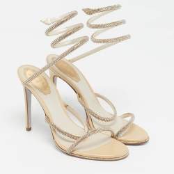 Pre Owned René Caovilla Cleo Size 38 Beige Satin Crystal Embellished Ankle Wrap Sandals