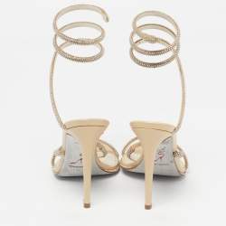 Pre Owned René Caovilla Cleo Size 38 Beige Satin Crystal Embellished Ankle Wrap Sandals