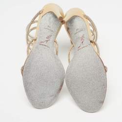 Pre Owned René Caovilla Cleo Size 38 Beige Satin Crystal Embellished Ankle Wrap Sandals