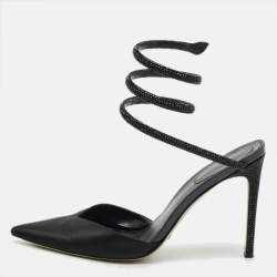 Pre Owned René Caovilla Cleo Crystal Embellished Size 37.5 Black Satin Pumps