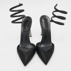 Pre Owned René Caovilla Cleo Crystal Embellished Size 37.5 Black Satin Pumps