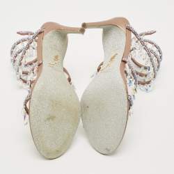 Pre Owned René Caovilla Chandelier Size 36 Beige Satin Crystal Embellished Ankle Wrap Sandals