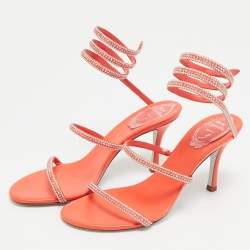 Pre Owned René Caovilla Size 36 Orange Leather and Satin Crystal Embellished Ankle Wrap Sandals