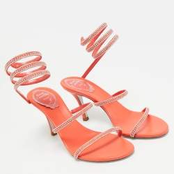 Pre Owned René Caovilla Size 36 Orange Leather and Satin Crystal Embellished Ankle Wrap Sandals