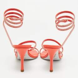 Pre Owned René Caovilla Size 36 Orange Leather and Satin Crystal Embellished Ankle Wrap Sandals