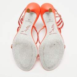 Pre Owned René Caovilla Size 36 Orange Leather and Satin Crystal Embellished Ankle Wrap Sandals