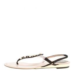 مملوكة مسبقًا René Caovilla Black/Beige Satin Pearl Detail Flat Sandals Size 37
