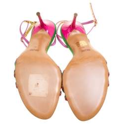 Pre Owned René Caovilla Multicolor Satin Crystal Flower Embellished Ankle Strap Sandals Size 41