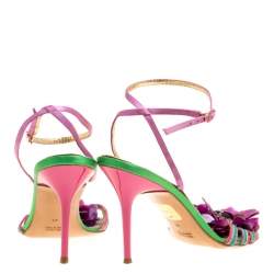 Pre Owned René Caovilla Multicolor Satin Crystal Flower Embellished Ankle Strap Sandals Size 41