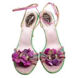 Pre Owned René Caovilla Multicolor Satin Crystal Flower Embellished Ankle Strap Sandals Size 41