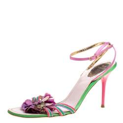 Pre Owned René Caovilla Multicolor Satin Crystal Flower Embellished Ankle Strap Sandals Size 41