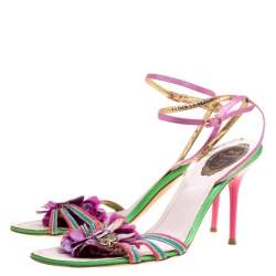 Pre Owned René Caovilla Multicolor Satin Crystal Flower Embellished Ankle Strap Sandals Size 41