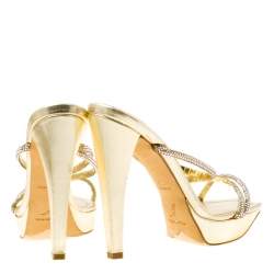 Pre Owned René Caovilla Metallic Gold Crystal Embellished Leather Cross Strap Platform Sandals Size 36