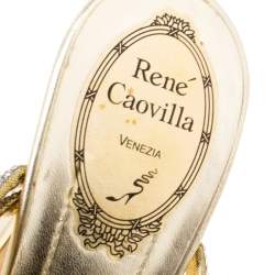Pre Owned René Caovilla Metallic Gold Crystal Embellished Leather Cross Strap Platform Sandals Size 36