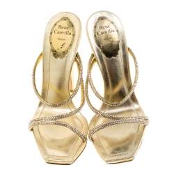 Pre Owned René Caovilla Metallic Gold Crystal Embellished Leather Cross Strap Platform Sandals Size 36