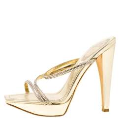 Pre Owned René Caovilla Metallic Gold Crystal Embellished Leather Cross Strap Platform Sandals Size 36