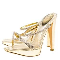 Pre Owned René Caovilla Metallic Gold Crystal Embellished Leather Cross Strap Platform Sandals Size 36