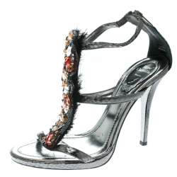 René Caovilla Grey Python Crystal Embellished Strappy Sandals Size 38