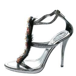 René Caovilla Grey Python Crystal Embellished Strappy Sandals Size 38