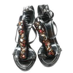 René Caovilla Grey Python Crystal Embellished Strappy Sandals Size 38