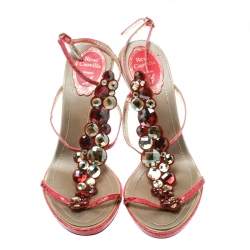  René Caovilla Red Embossed Python Leather Crystal Embellished Ankle Strap Sandals Size 38.5