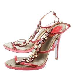  René Caovilla Red Embossed Python Leather Crystal Embellished Ankle Strap Sandals Size 38.5