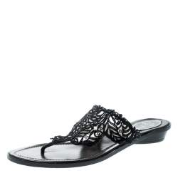Rene Caovilla Black Crystal Embellished Lace And Leather Flat Thong Sandals Size 39