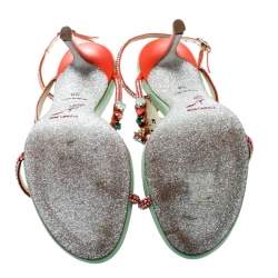 Pre Owned René Caovilla Orange Satin And Suede Crystal Embellished Ankle Strap Sandals Size 38