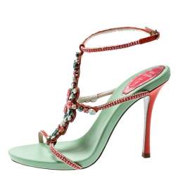 Pre Owned René Caovilla Orange Satin And Suede Crystal Embellished Ankle Strap Sandals Size 38