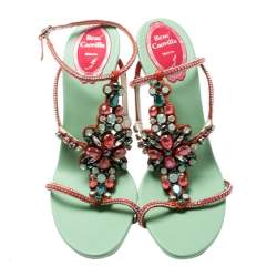 Pre Owned René Caovilla Orange Satin And Suede Crystal Embellished Ankle Strap Sandals Size 38